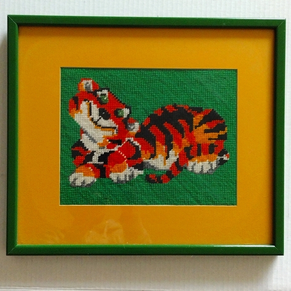 Glass Framed Colorful Tiger Needlepoint Art Printed Matted Green Orange - Picture 3 of 16
